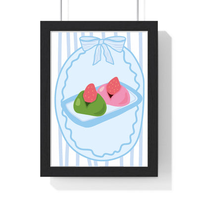 Strawberry daifuku poster framed in black wood with white mat