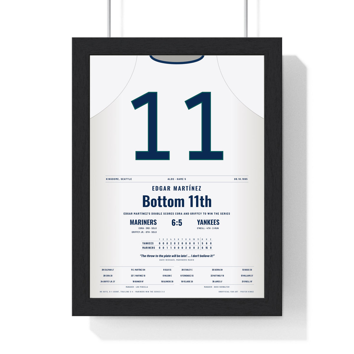 Edgar Martínez 1995 ALDS Game 5 Winning Double Poster - Seattle Mariners 11 Jersey Print framed in a black frame, ready to hang