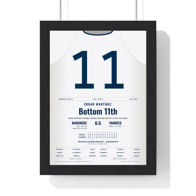 Edgar Martínez 1995 ALDS Game 5 Winning Double Poster - Seattle Mariners 11 Jersey Print framed in a black frame, ready to hang
