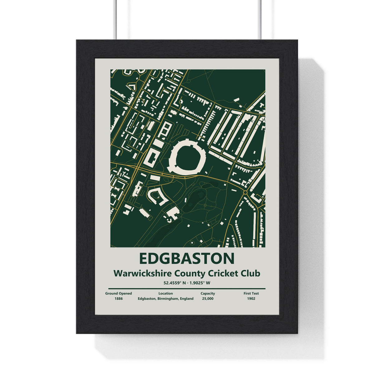 Edgbaston map print framed in a black frame, ready to hang