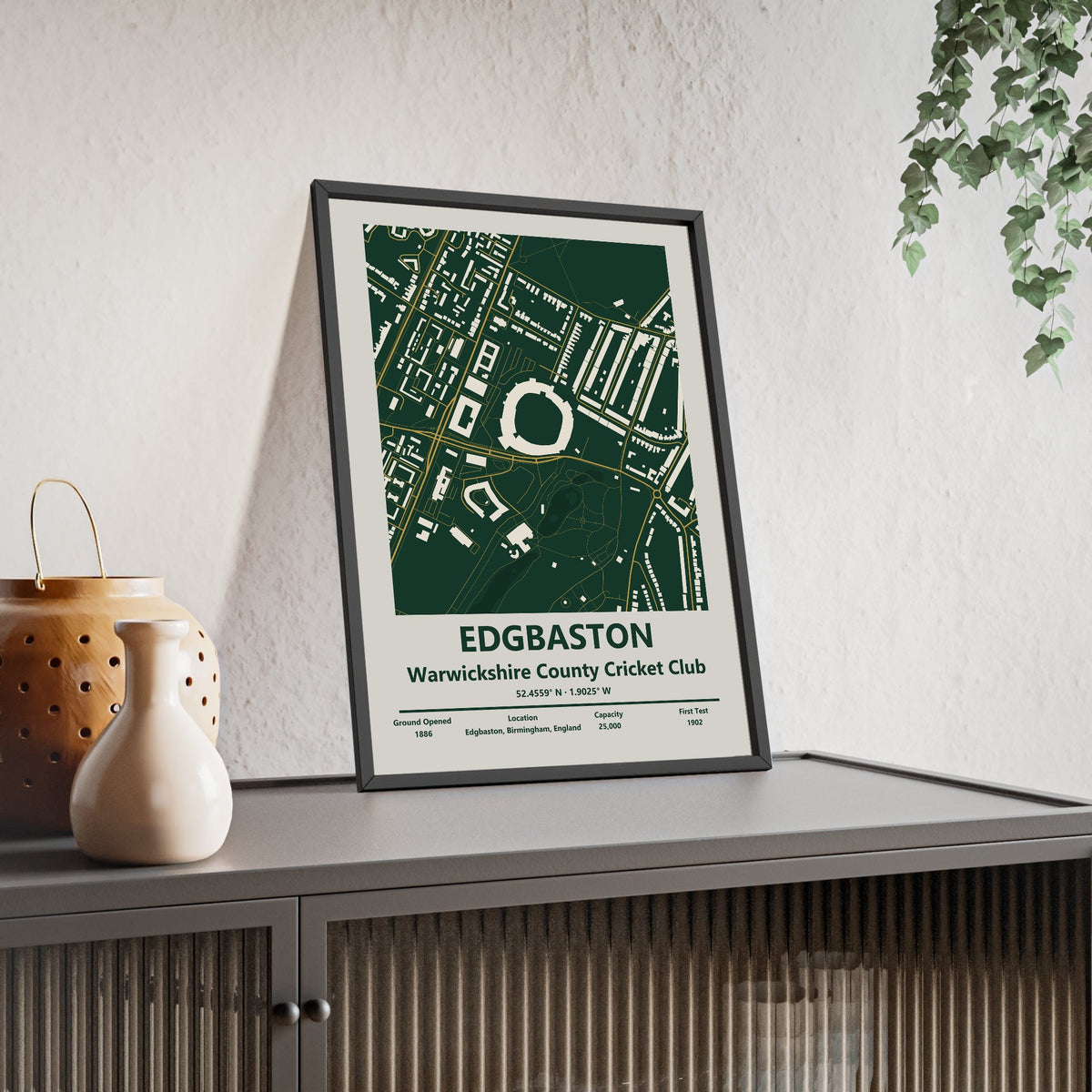 Edgbaston map print framed and leaning on a sideboard