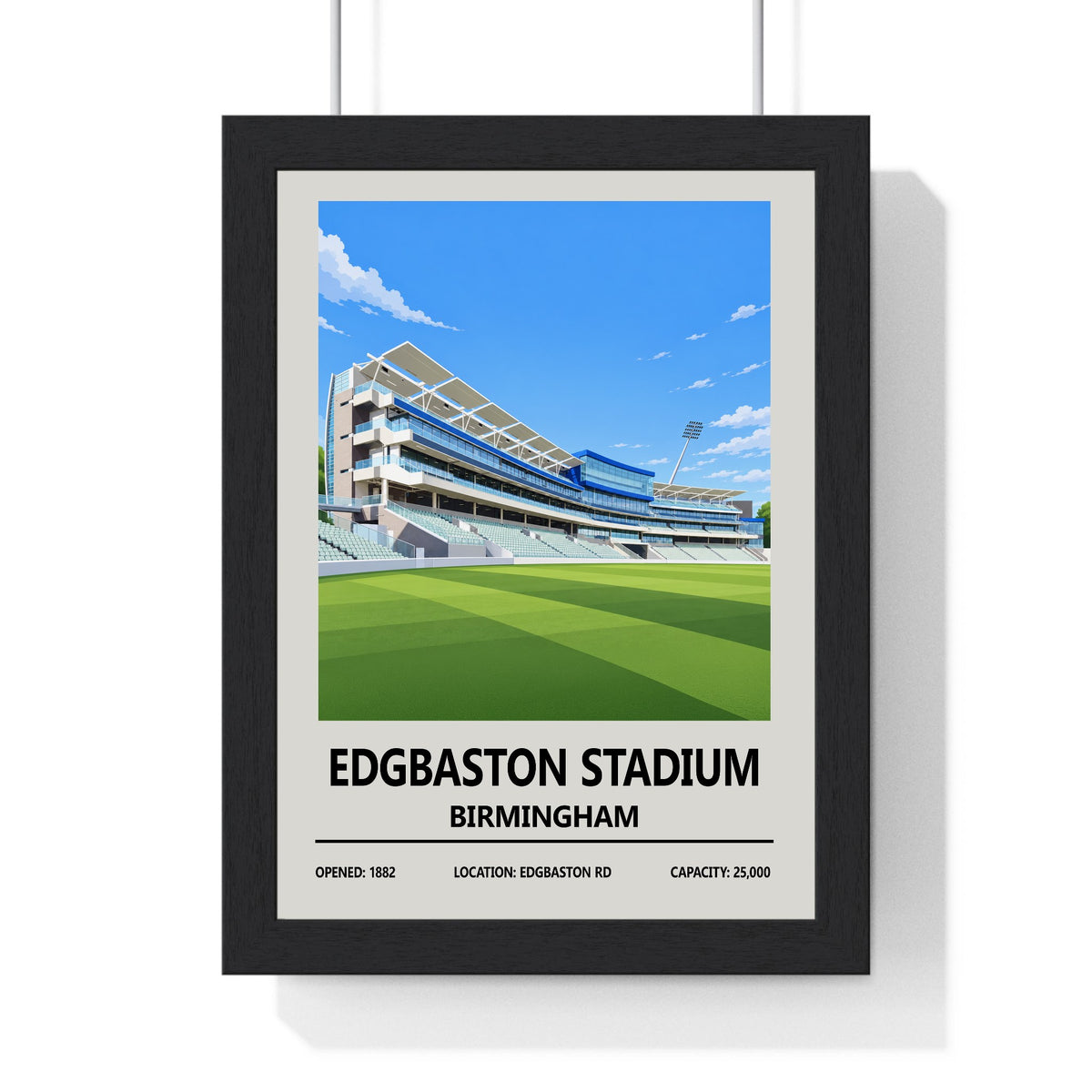 Edgbaston cricket ground print framed in a black frame, ready to hang