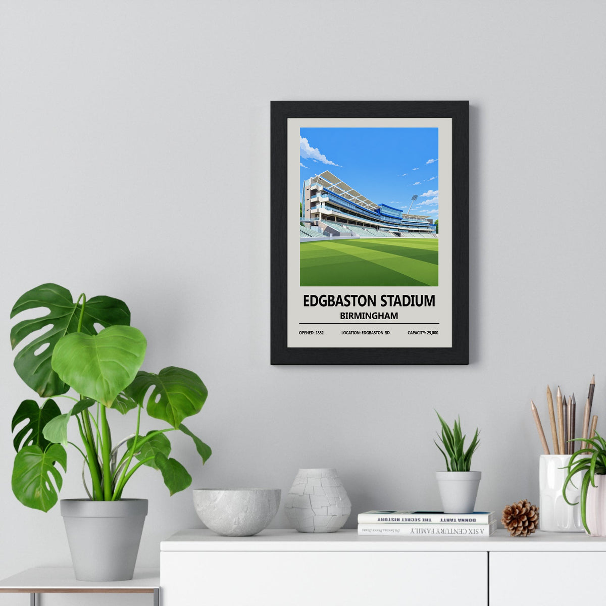 Edgbaston cricket ground print framed on a living room wall