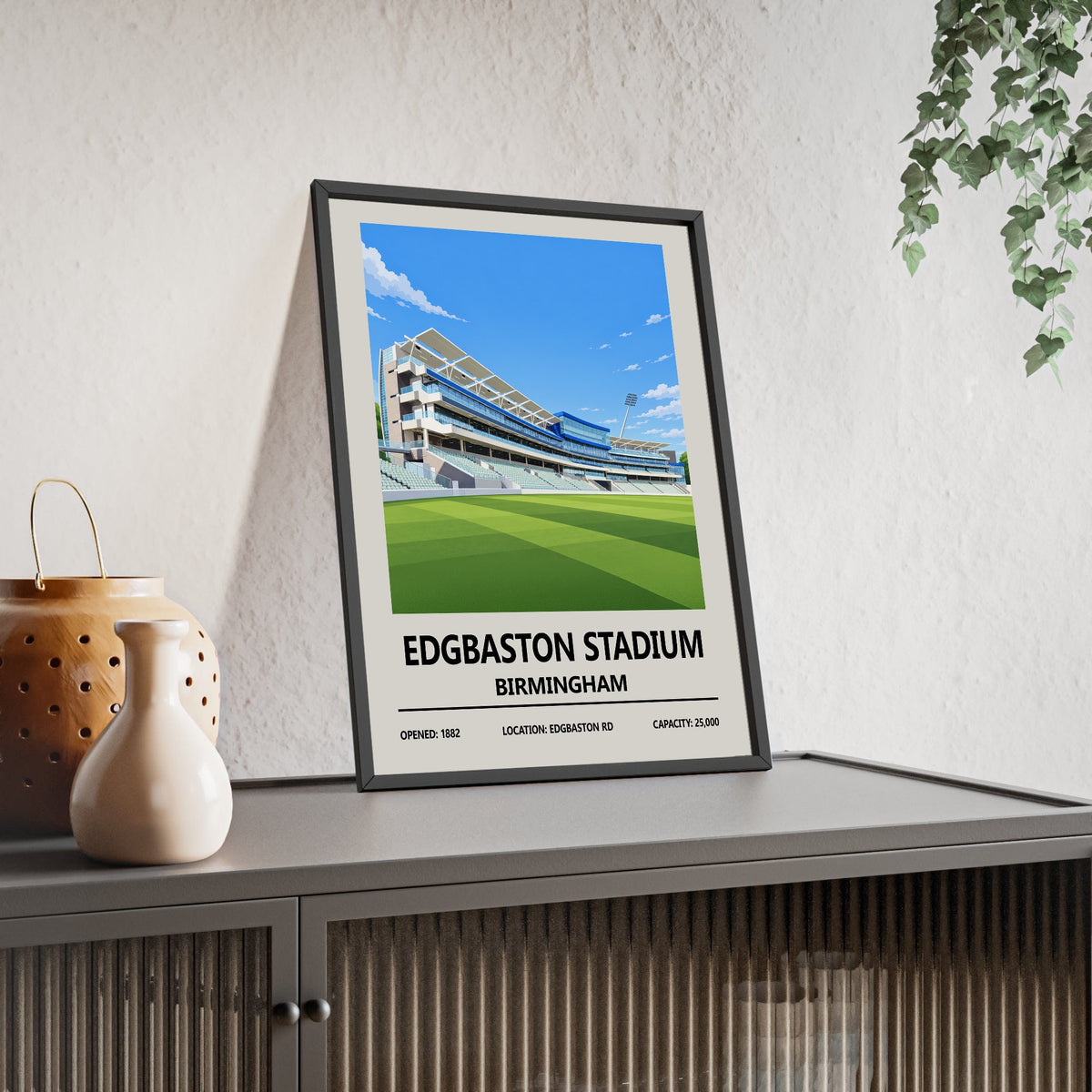 Edgbaston cricket ground print framed and leaning on a sideboard