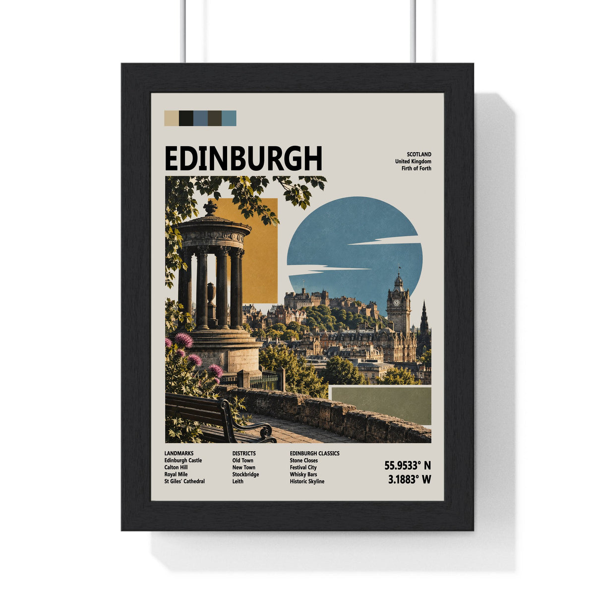 Edinburgh Mid Century Travel print framed in a black frame, ready to hang