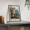 Edinburgh Mid Century Travel print framed and leaning on a sideboard