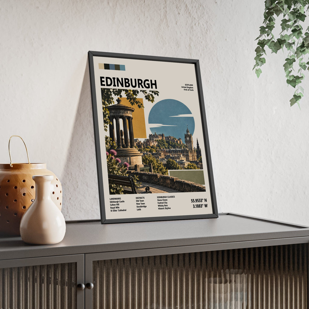 Edinburgh Mid Century Travel print framed and leaning on a sideboard
