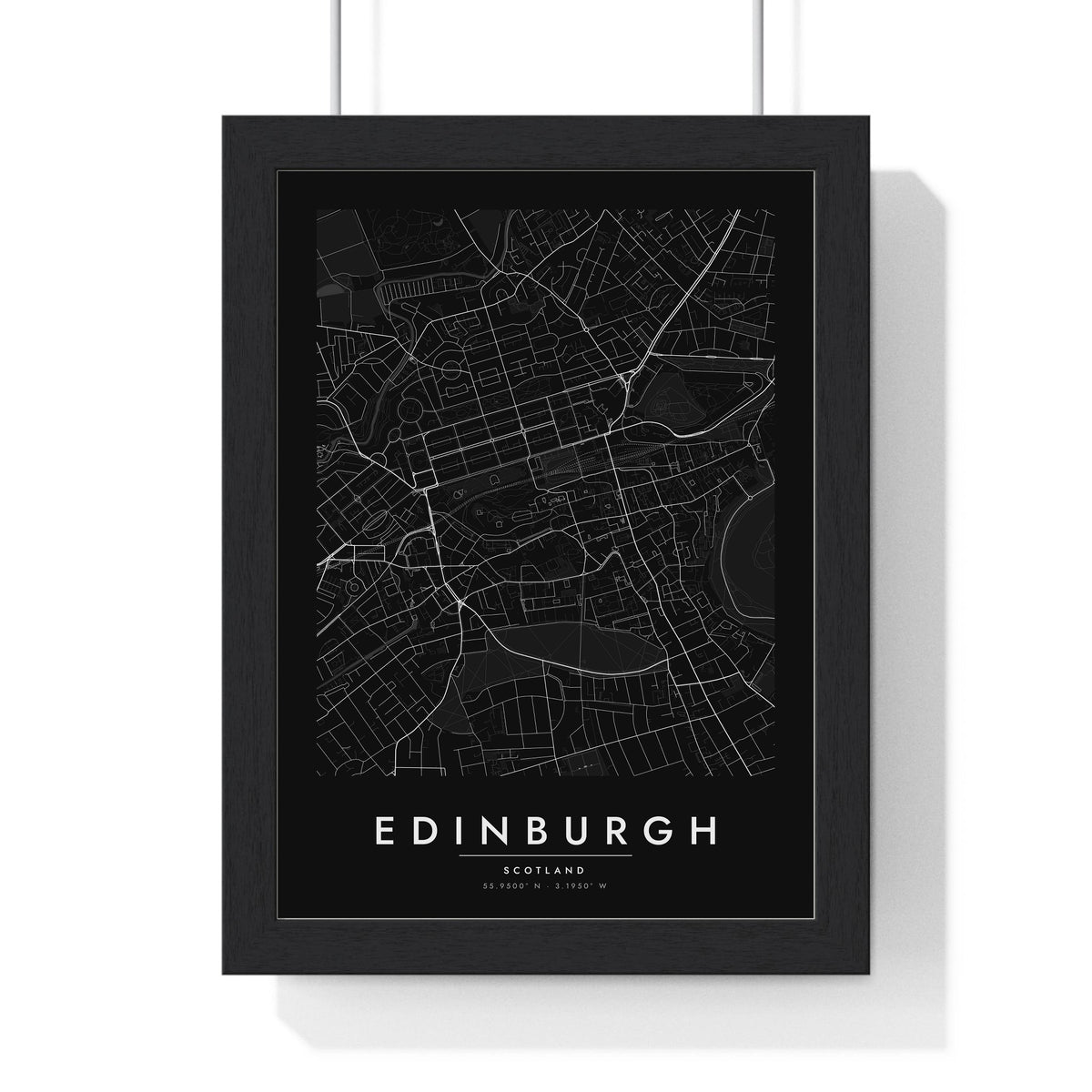 Edinburgh street map poster in black, minimal city map print framed in a black frame