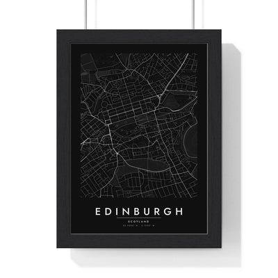 Edinburgh street map poster in black, minimal city map print framed in a black frame
