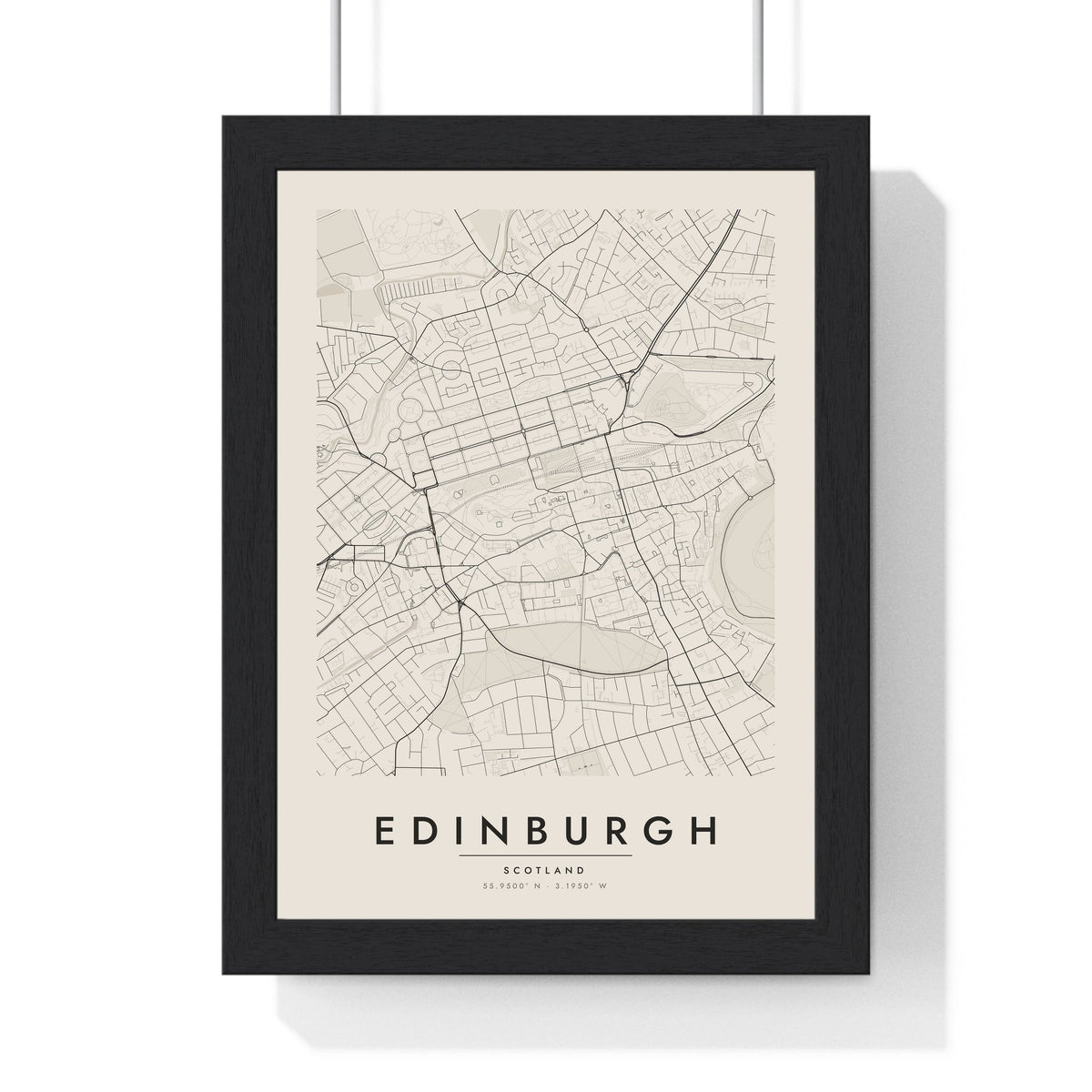 Edinburgh street map poster in cream, minimal city map print framed in a black frame