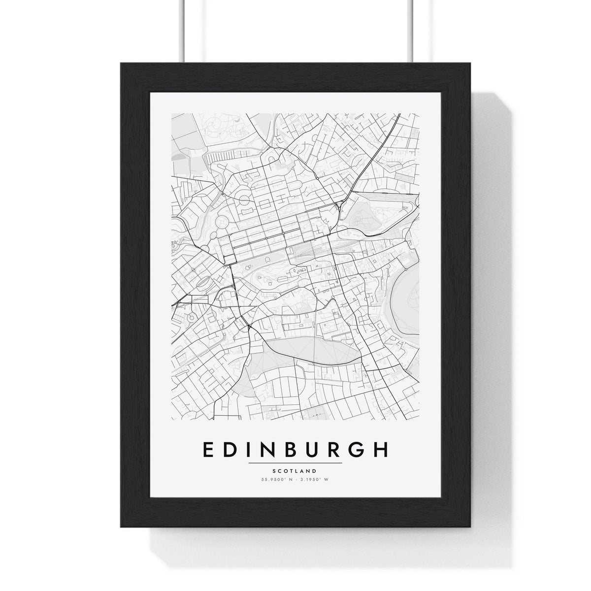 Edinburgh street map poster in white, minimal city map print framed in a black frame