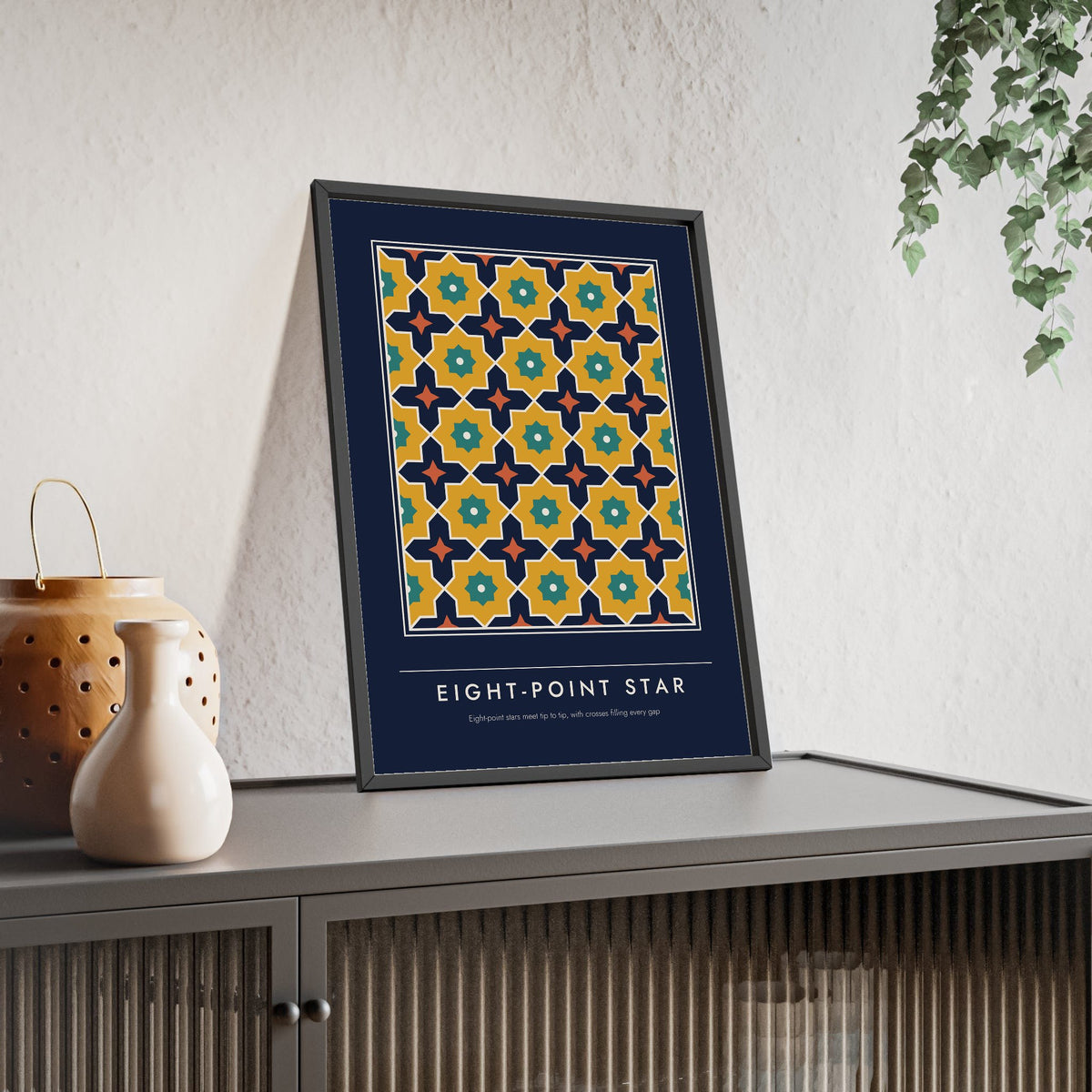 Eight-Point Star print framed and leaning on a sideboard