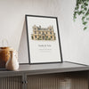 Wedding venue illustration from photo: a stone manor house painted in watercolour and ink, with the couple names, venue name and wedding date, framed anniversary print