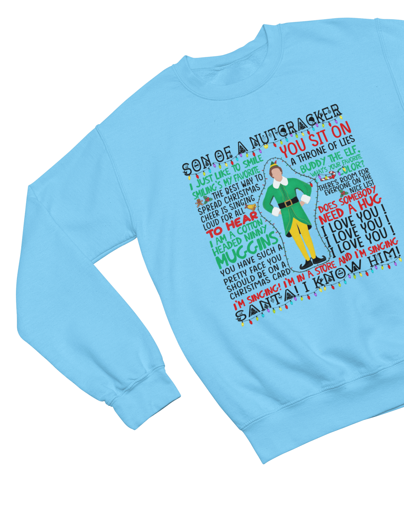 Grey t-shirt with Elf Movie Quotes Christmas Sweater