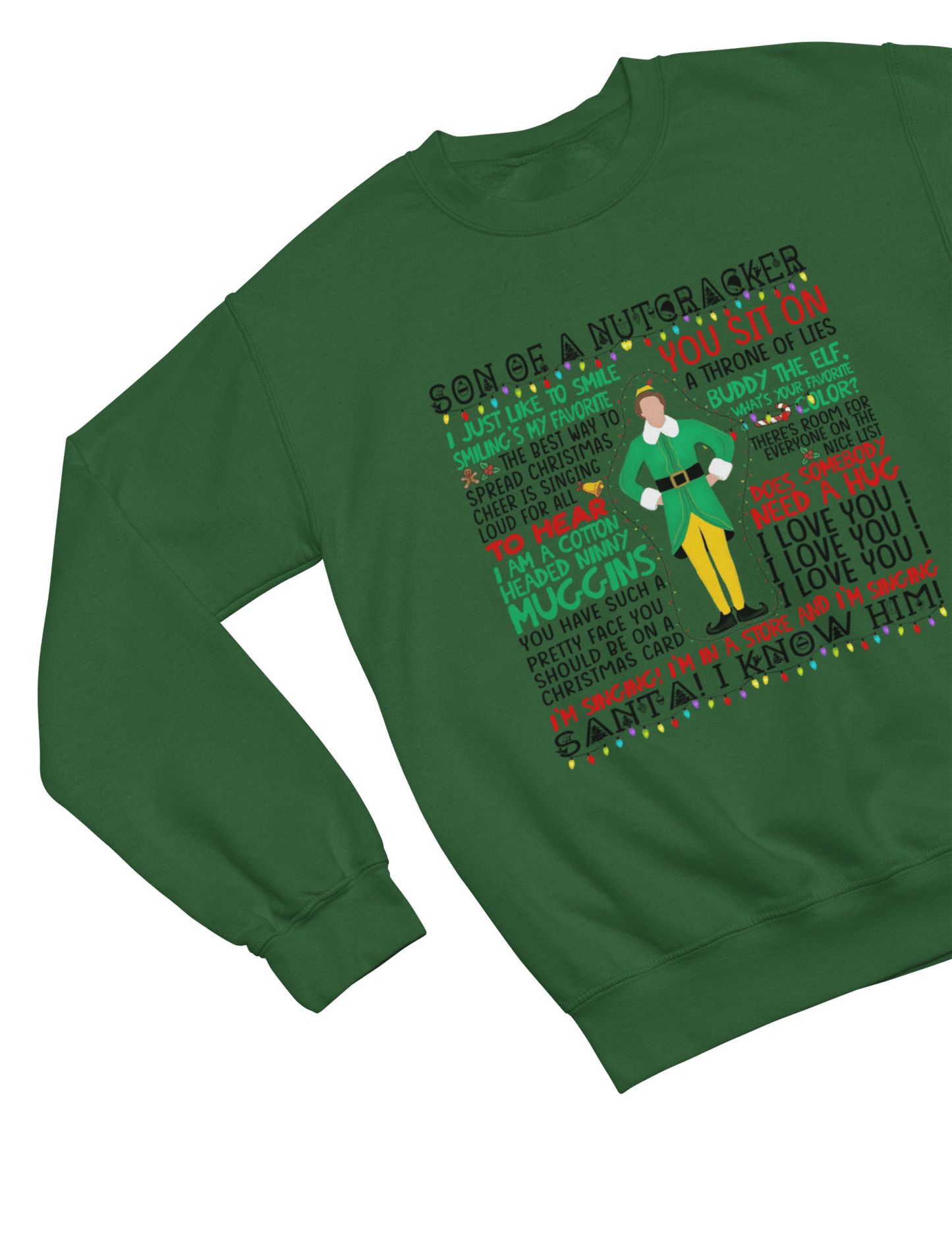 White t-shirt with Elf Movie Quotes Christmas Sweater