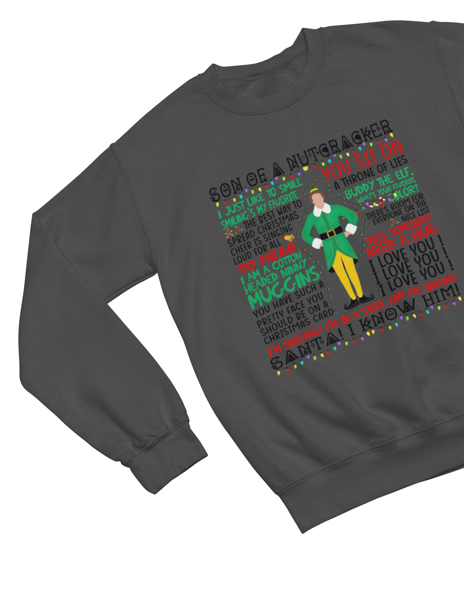 Beige t-shirt with Elf Movie Quotes Christmas Sweater