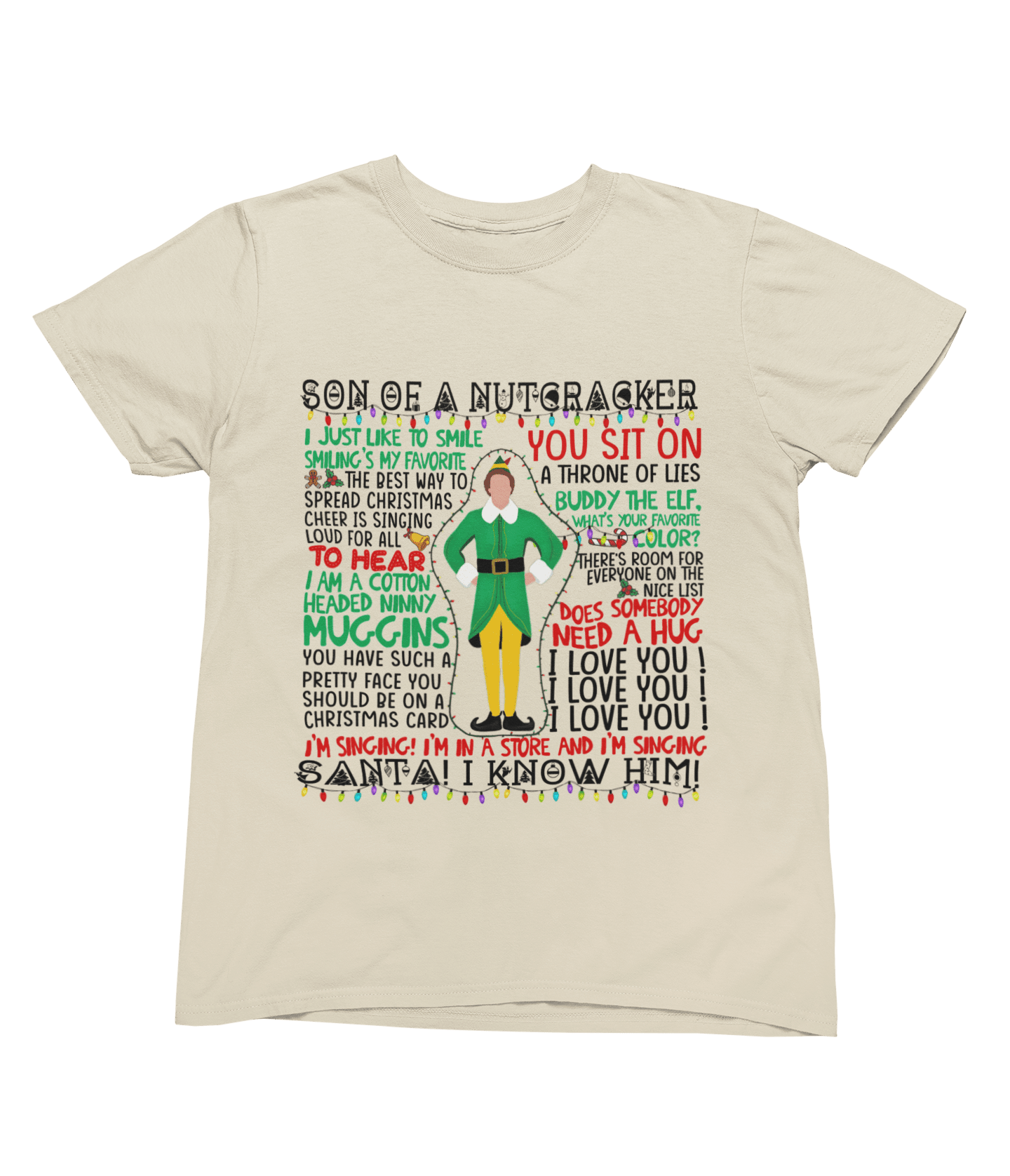 White t-shirt with Elf Movie Quotes Christmas Sweater
