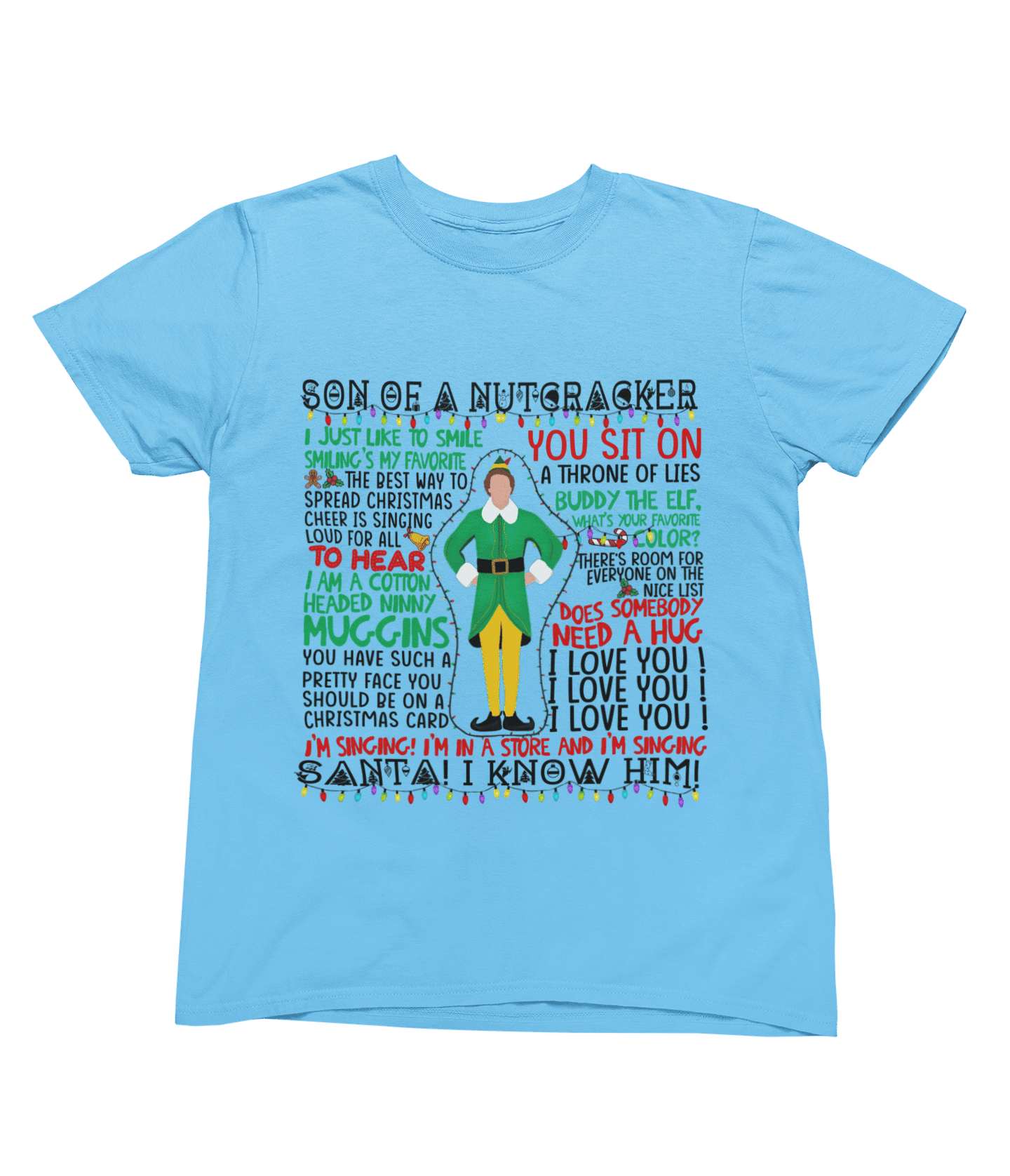 Beige t-shirt with Elf Movie Quotes Christmas Sweater