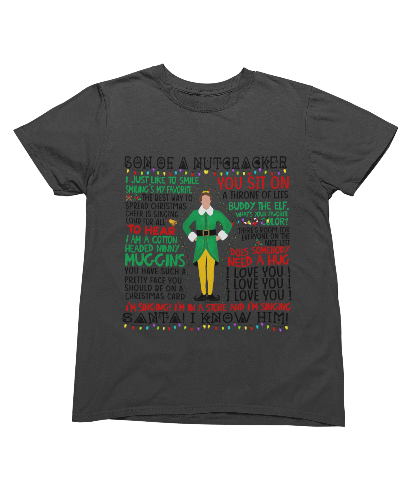Grey t-shirt with Elf Movie Quotes Christmas Sweater