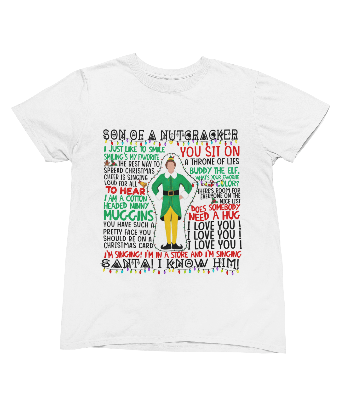 Blue t-shirt with Elf Movie Quotes Christmas Sweater