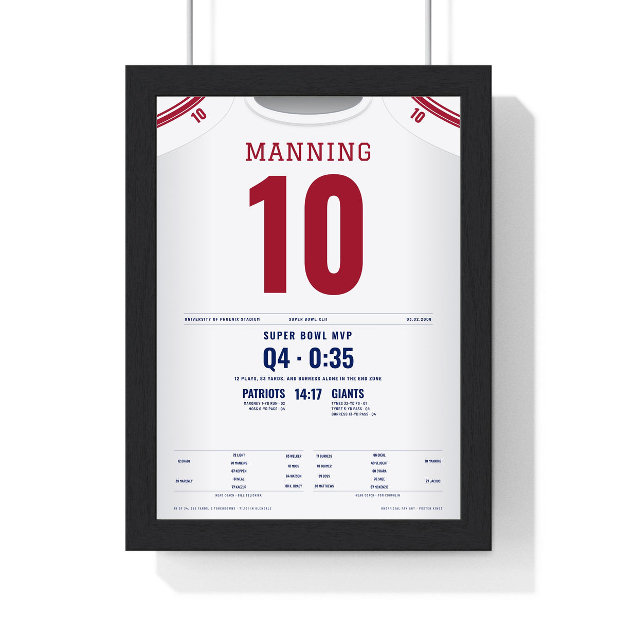 Eli Manning Super Bowl XLII MVP Poster - New York Giants 10 Jersey Print framed in a black frame, ready to hang