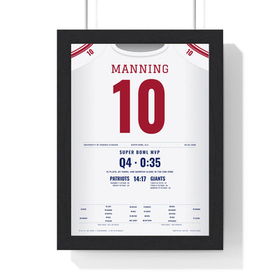 Eli Manning Super Bowl XLII MVP Poster - New York Giants 10 Jersey Print framed in a black frame, ready to hang