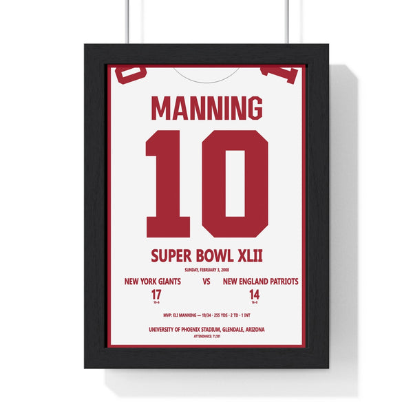 Eli Manning Super Bowl XLII MVP poster framed in Poster Kingz black frame with perspex