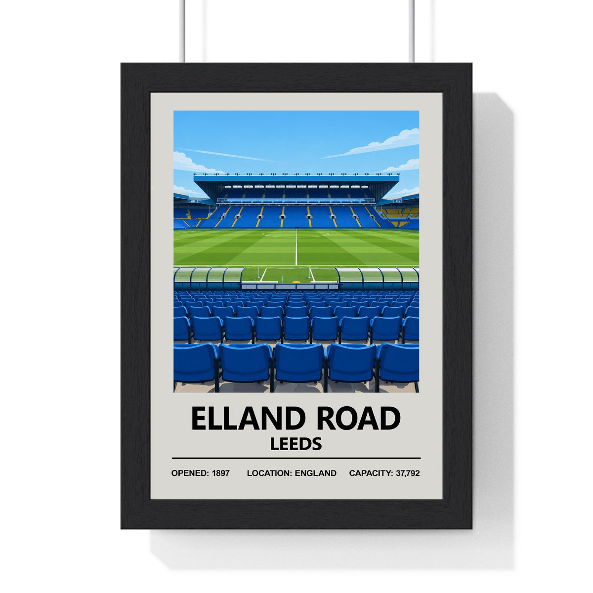 Leeds United Elland Road print framed in a black frame, ready to hang