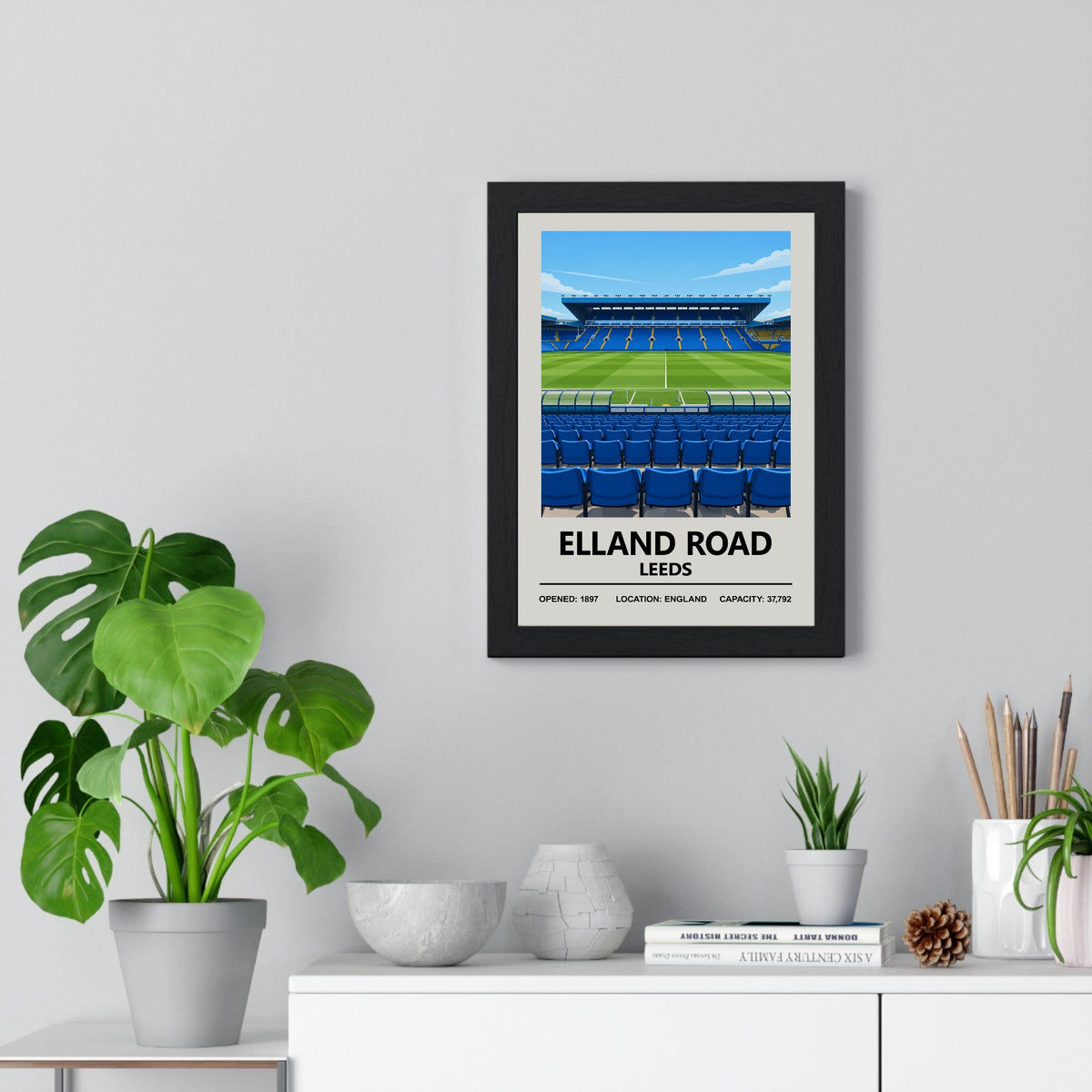 Leeds United Elland Road print framed on a living room wall