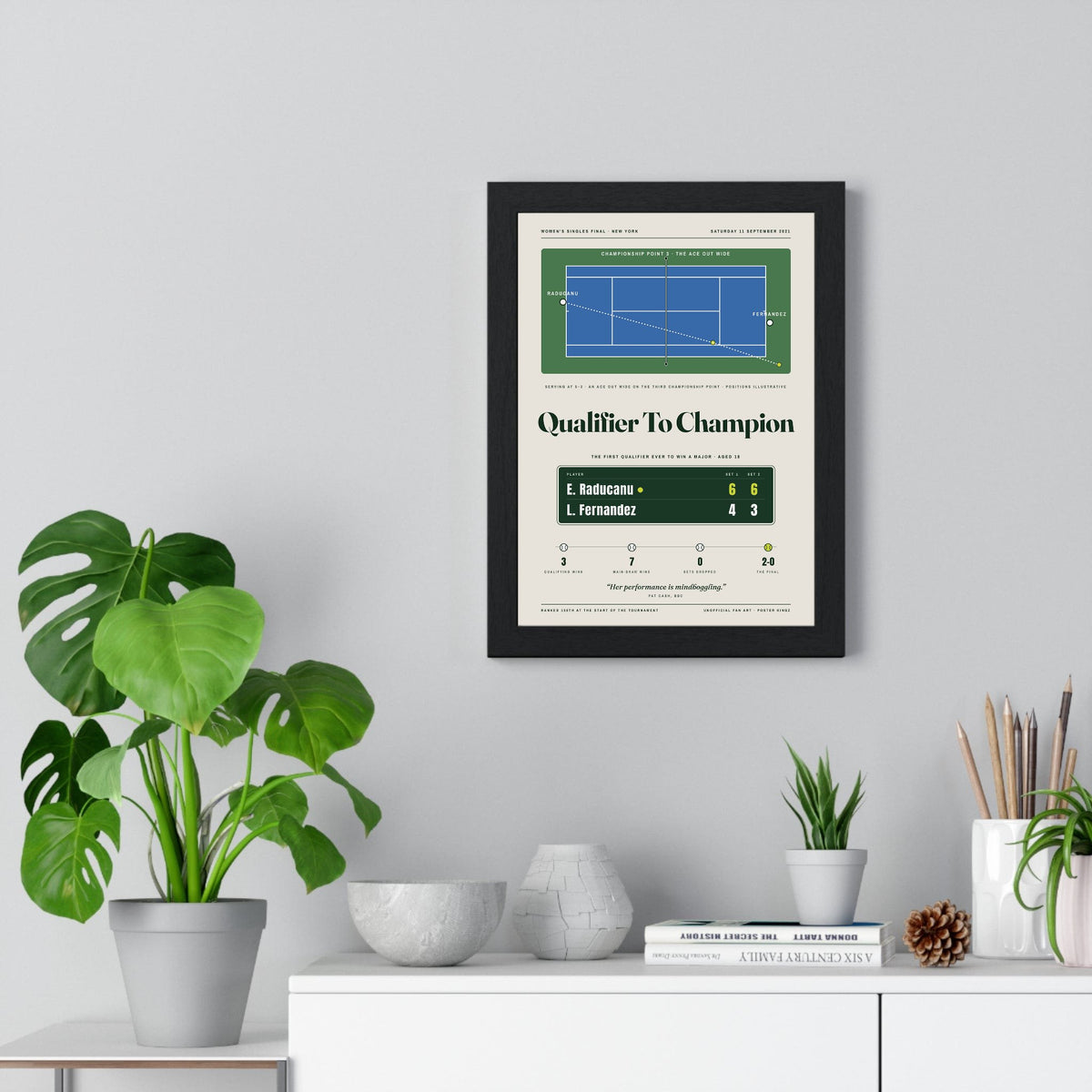 Qualifier To Champion 2021 Tennis print framed on a living room wall