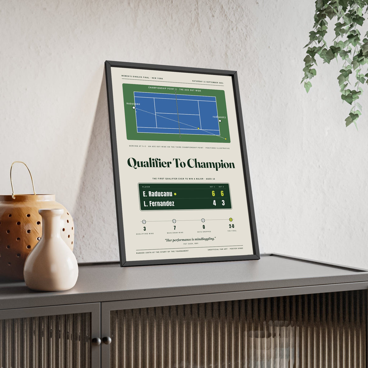 Qualifier To Champion 2021 Tennis print framed and leaning on a sideboard