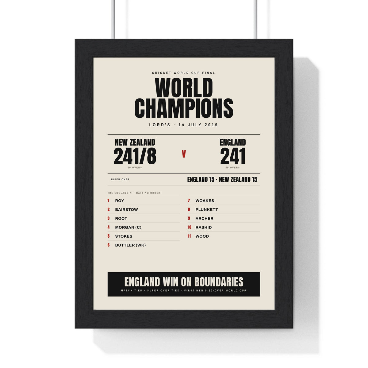 England Cricket World Cup 2019 Winners print framed in a black frame, ready to hang