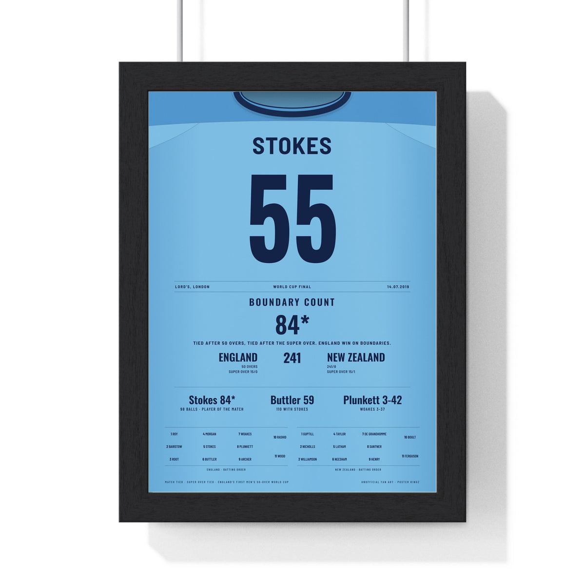 Ben Stokes Lord's 2019 Cricket World Cup Final Poster - 84 Not Out Shirt Print framed in a black frame, ready to hang