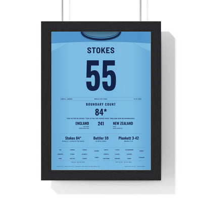 Ben Stokes Lord's 2019 Cricket World Cup Final Poster - 84 Not Out Shirt Print framed in a black frame, ready to hang
