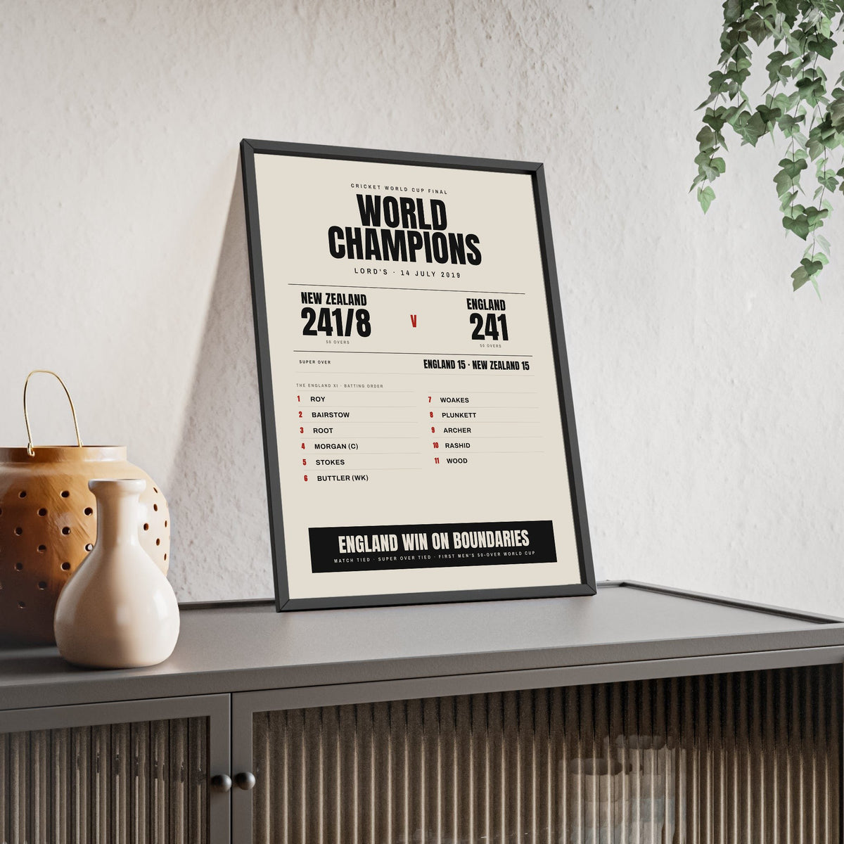 England Cricket World Cup 2019 Winners print framed and leaning on a sideboard