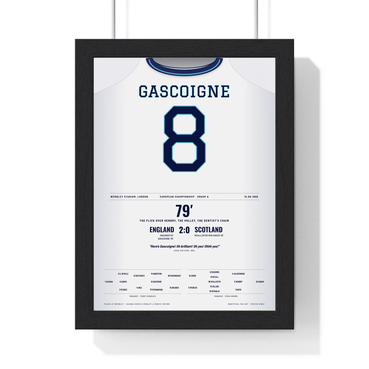 England Gascoigne 1996 v Scotland Shirt Print framed in a black frame, ready to hang