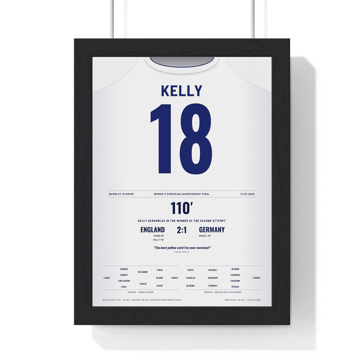 England Lionesses Women's Euro 2022 Final Poster - Chloe Kelly 18 Wembley Shirt Print framed in a black frame, ready to hang