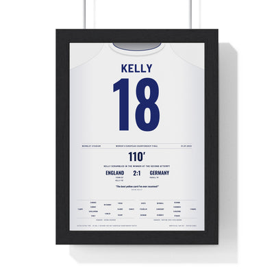 England Lionesses Women's Euro 2022 Final Poster - Chloe Kelly 18 Wembley Shirt Print framed in a black frame, ready to hang