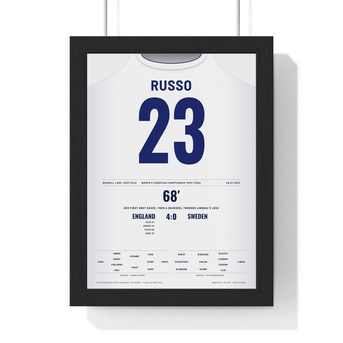 England Lionesses Women's Euro 2022 Semi-Final Poster - Alessia Russo 23 Backheel Shirt Print framed in a black frame, ready to hang