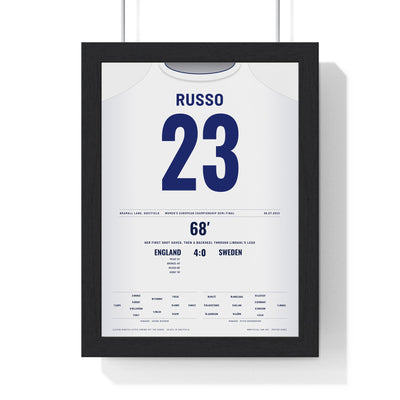England Lionesses Women's Euro 2022 Semi-Final Poster - Alessia Russo 23 Backheel Shirt Print framed in a black frame, ready to hang