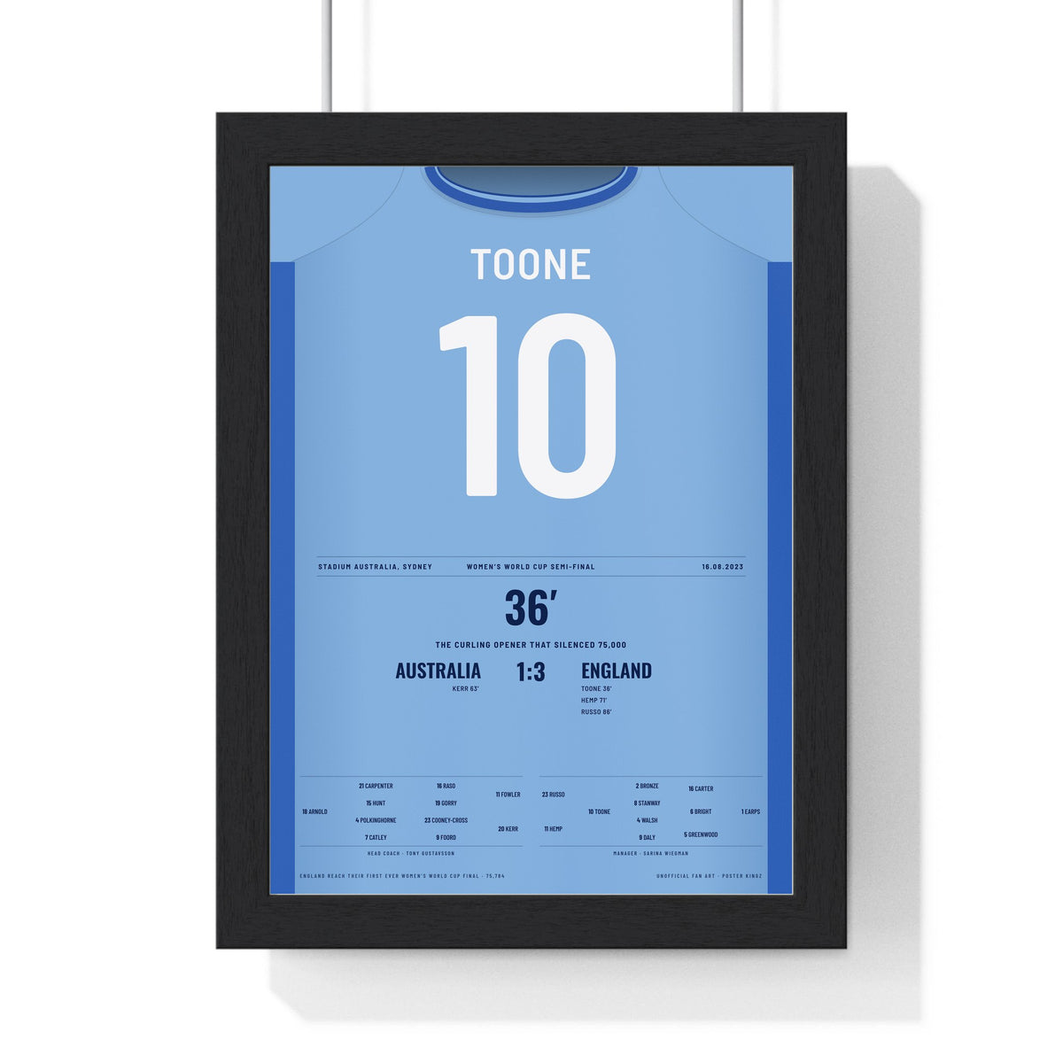 England Lionesses Women's World Cup 2023 Semi-Final Poster - Ella Toone 10 Shirt Print framed in a black frame, ready to hang