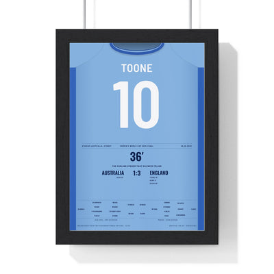 England Lionesses Women's World Cup 2023 Semi-Final Poster - Ella Toone 10 Shirt Print framed in a black frame, ready to hang