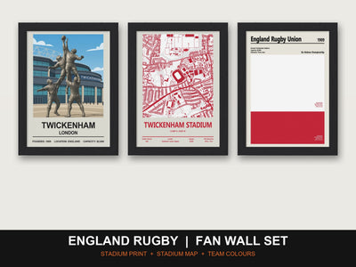 England Rugby Fan Wall Set | Twickenham Stadium Print, Stadium Map & Team Colours
