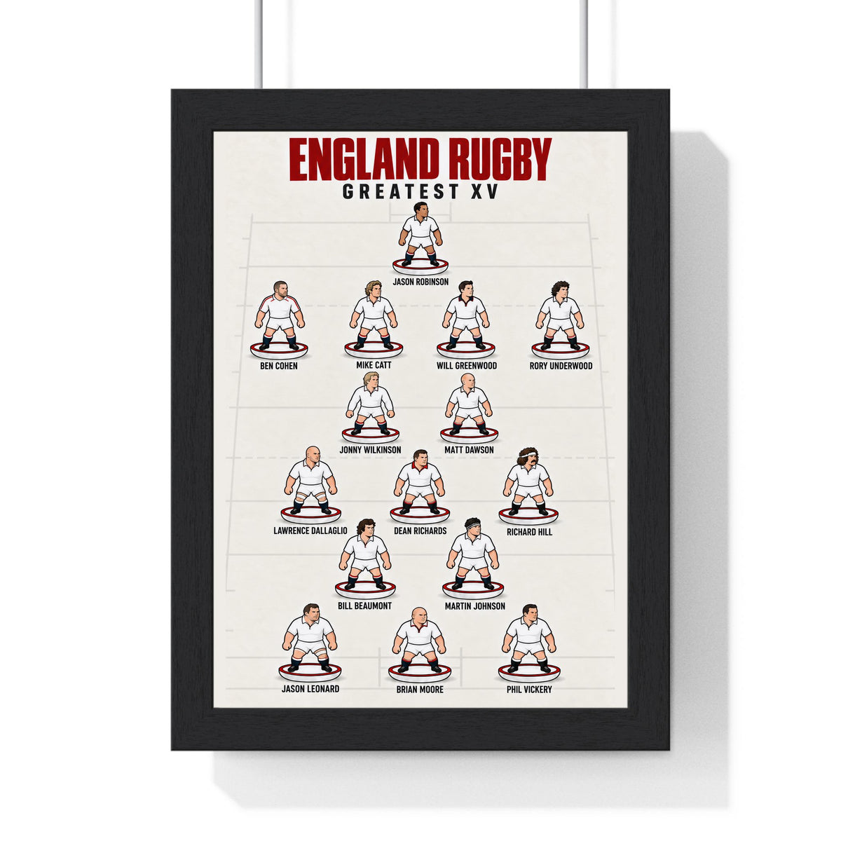 England Rugby Greatest XV print in a black frame