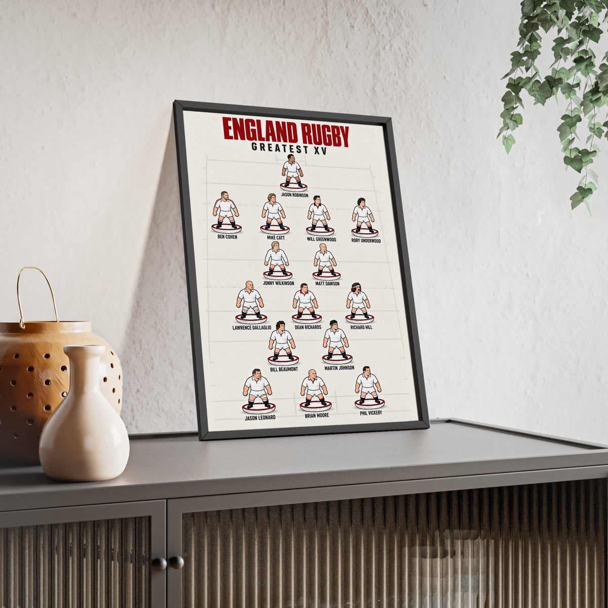 England Rugby Greatest XV framed print leaning on a sideboard