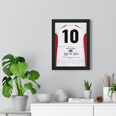 England Rugby World Cup Final 2003 Poster - Wilkinson 10 Drop Goal framed on a living room wall