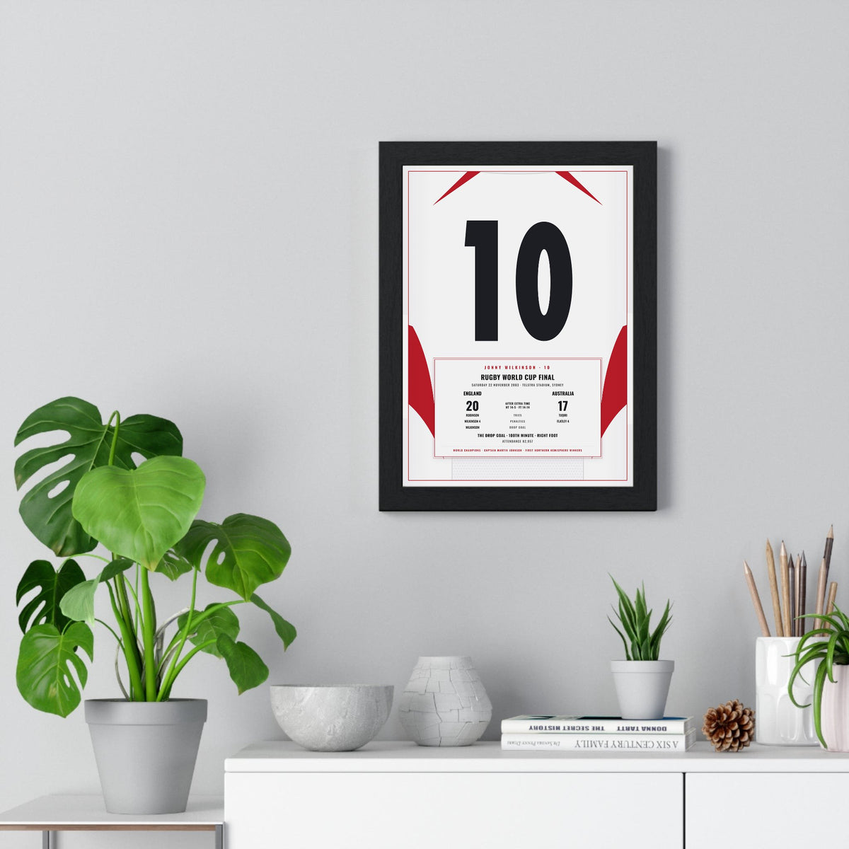 England Rugby World Cup Final 2003 Wilkinson 10 print framed on a living room wall