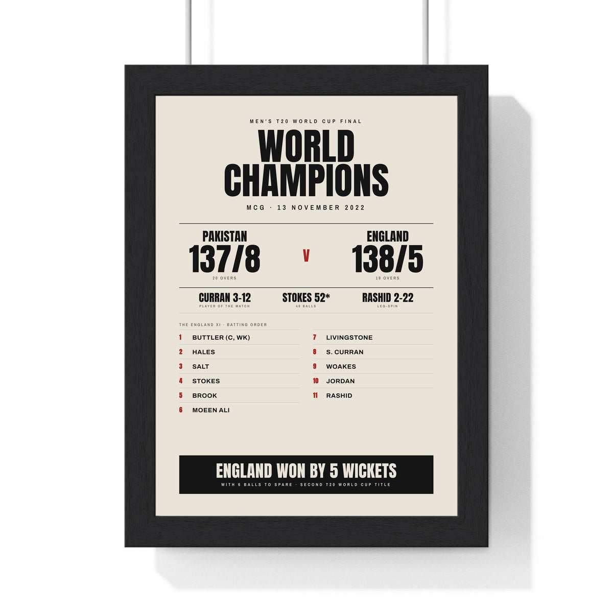 England T20 World Cup 2022 Winners print framed in a black frame, ready to hang