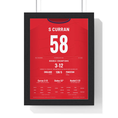 Sam Curran Melbourne 2022 T20 Final Cricket Poster - 3-12 Shirt Print framed in a black frame, ready to hang