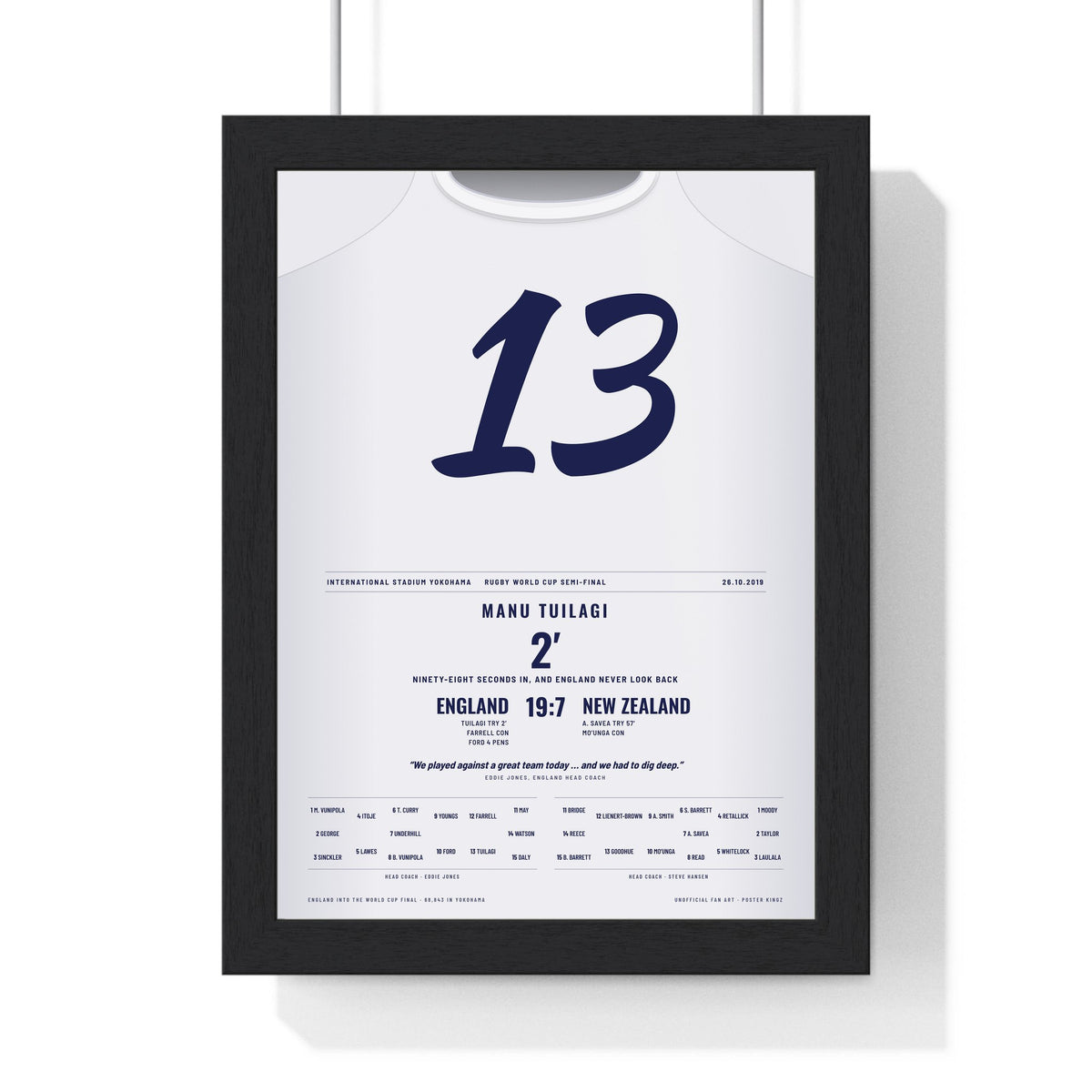 England v New Zealand Rugby World Cup Semi-Final 2019 Poster - Manu Tuilagi 13 Yokohama Print framed in a black frame, ready to hang